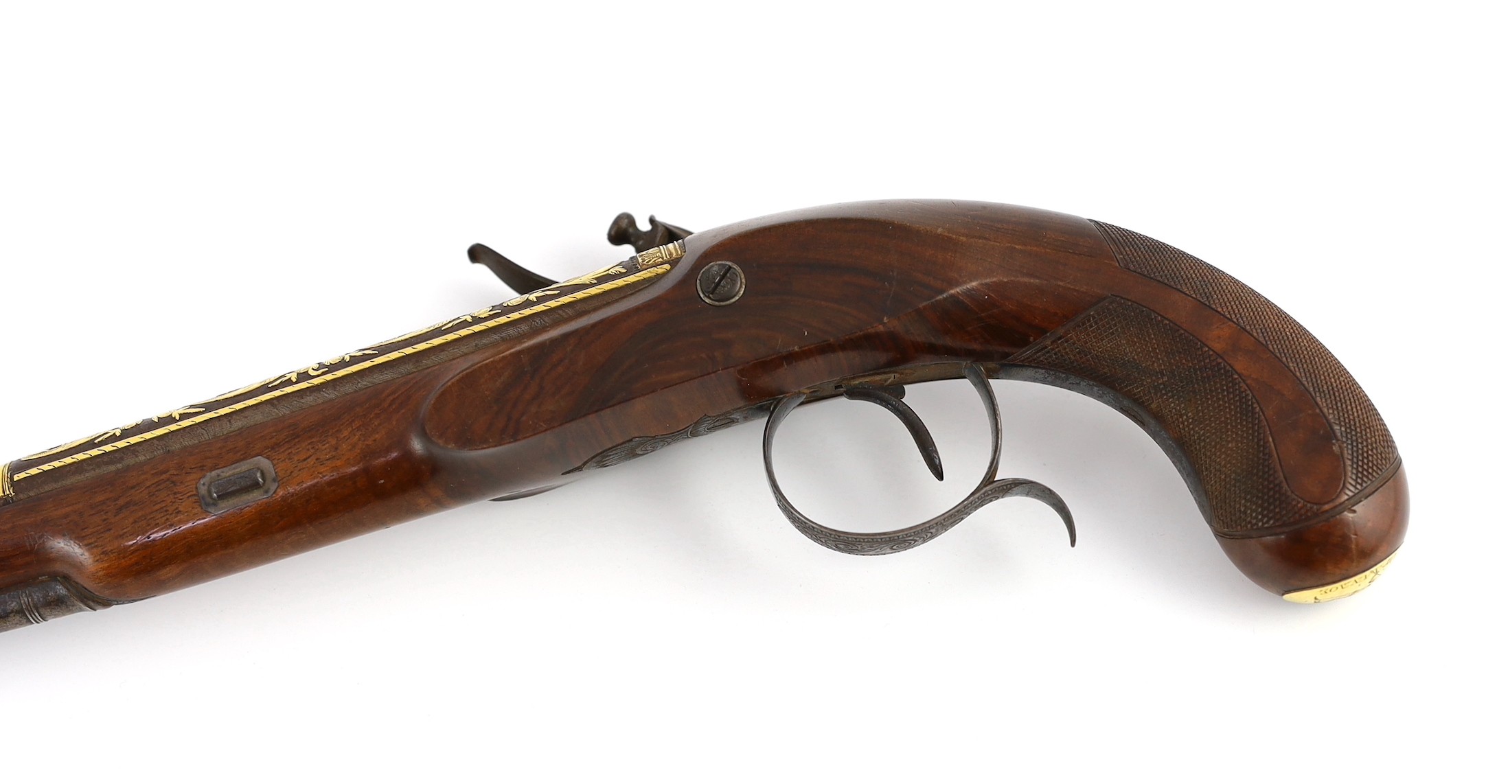An early 19th century gold overlaid flintlock pistol, by Beckwith, London, 47cm